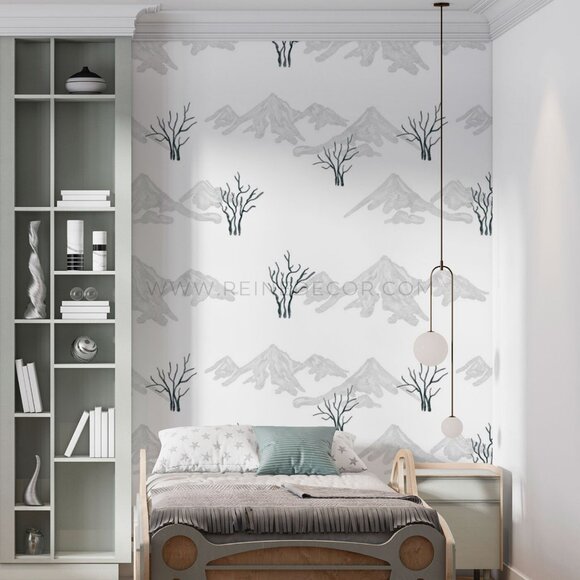 Black and White Mountains and Trees Illustration Wallpaper - Picture 4 of 9